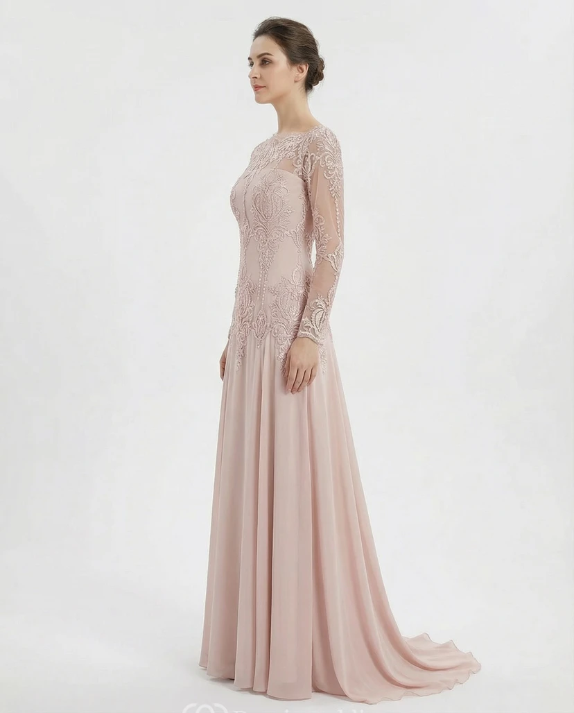 Silbernes, langärmeliges Abendkleid aus Illusionsspitze - Festliches Kleid für die Mutter der Braut view 3