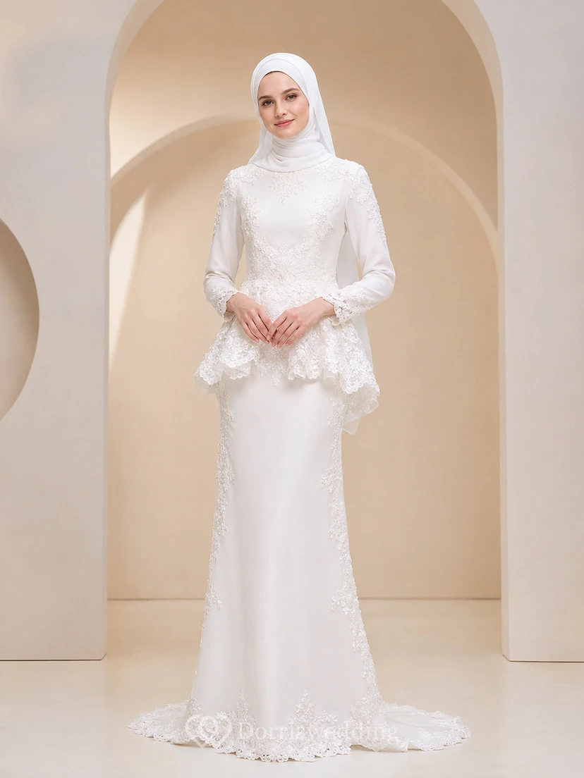 Minimalist Muslim Lace Peplum Sheath Sweep Train Wedding Dress