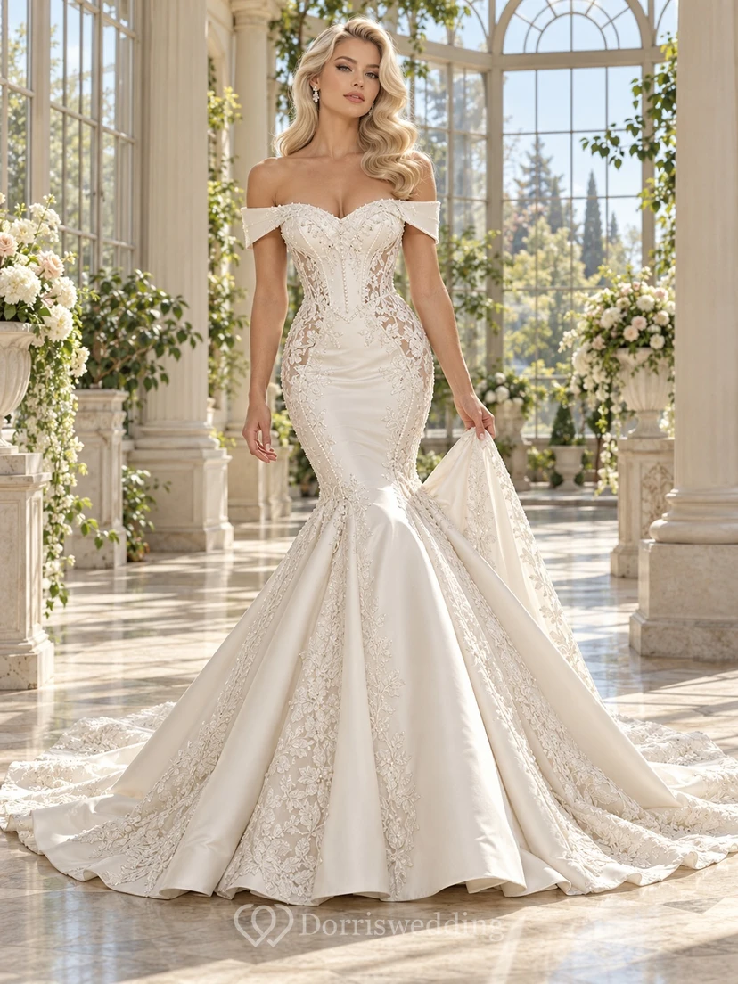 Mermaid Off Shoulder Corset Panel Lace Satin Train Wedding Dress