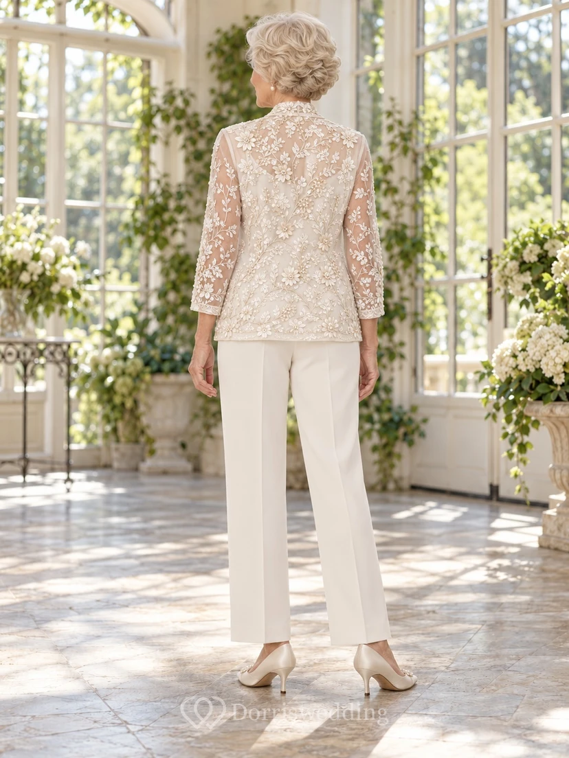 Modest Cream Floral Lace Jacket Straight Leg Mother Wedding Pantsuit view 2