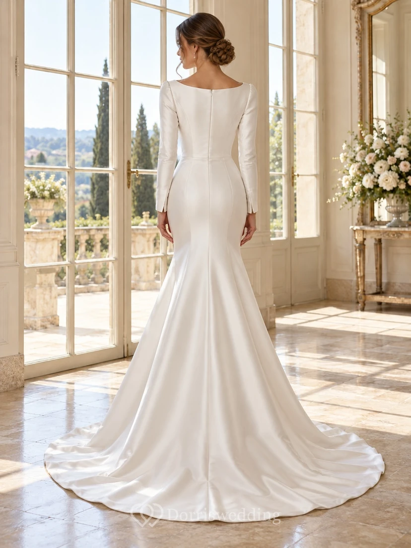 Simple Long Sleeve Bateau Neck Satin Mermaid Bridal Wedding Dress view 2