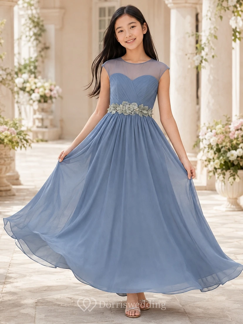 Schieferblaues Brautjungfernkleid im A-Linien-Schnitt mit herzförmigem Ausschnitt und kurzen Ärmeln aus Tüll – romantisch