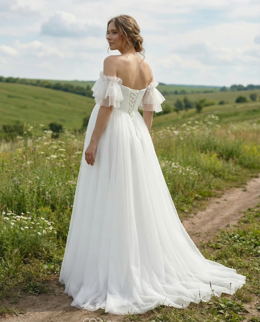 Off Shoulder Tulle Maternity Wedding Dress with Ruffle Sleeves and A-Line Skirt view 2