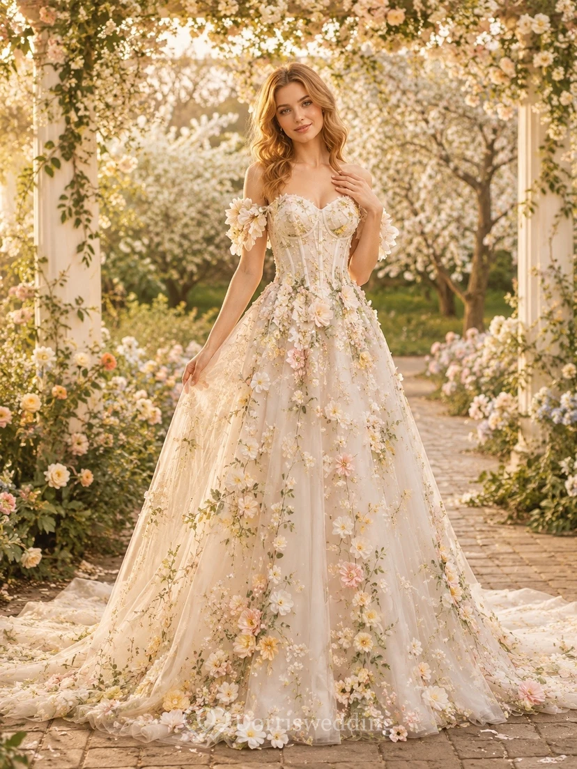 Vestido de novia formal de corte A con hombros descubiertos, talla grande, estilo romántico.