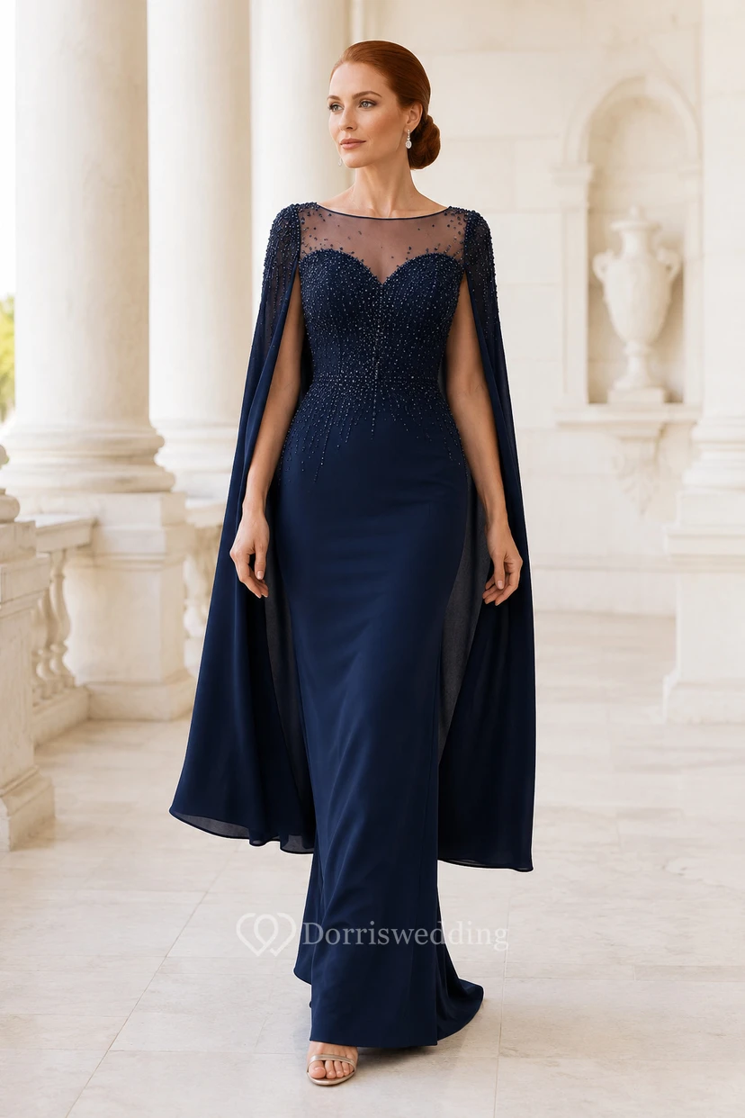 Dark Navy Illusion Cape Sleeve Sheath Mother of the Bride Dress