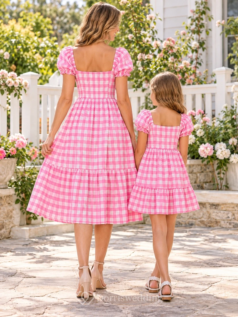 Robe assortie pour toute la famille, rose bonbon à carreaux vichy, manches bouffantes, longueur thé view 2
