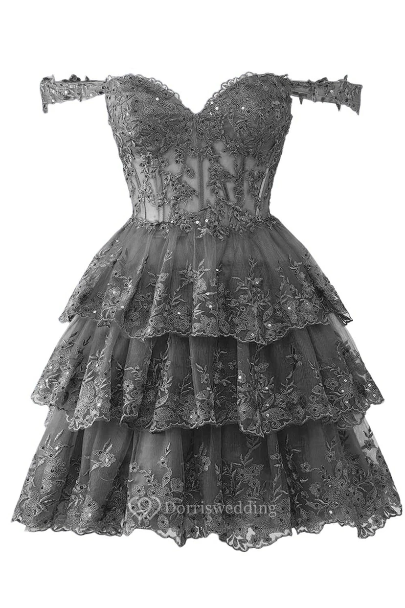 Blue Off-the-Shoulder Short Dress with Lace view 39
