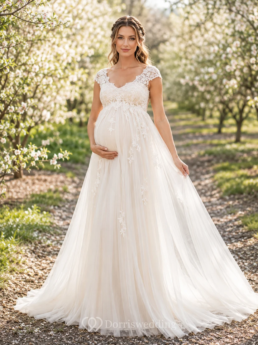 Maternity Cap Sleeve Lace V-Neck Empire A-Line Wedding Dress