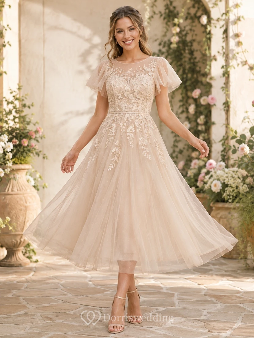Robe romantique mi-longue à manches courtes et corsage en dentelle champagne