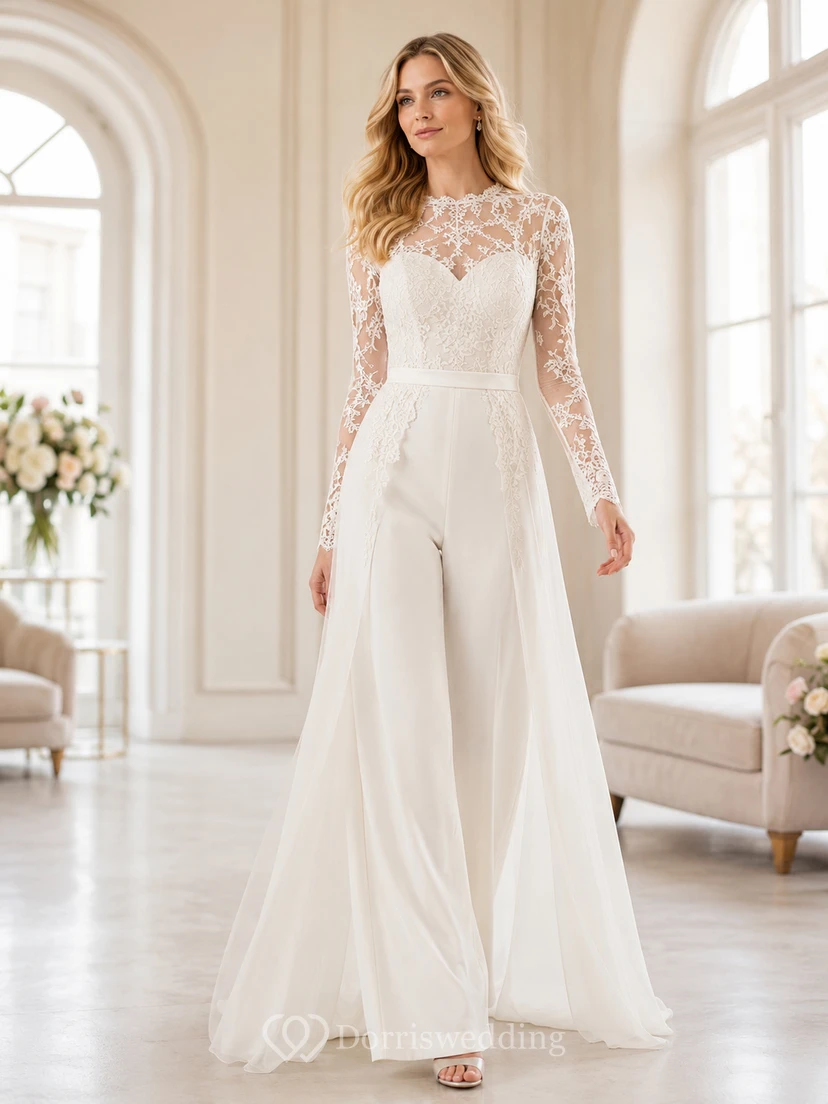 Combinaison de mariée romantique civile en dentelle à manches longues en mousseline à jambes larges
