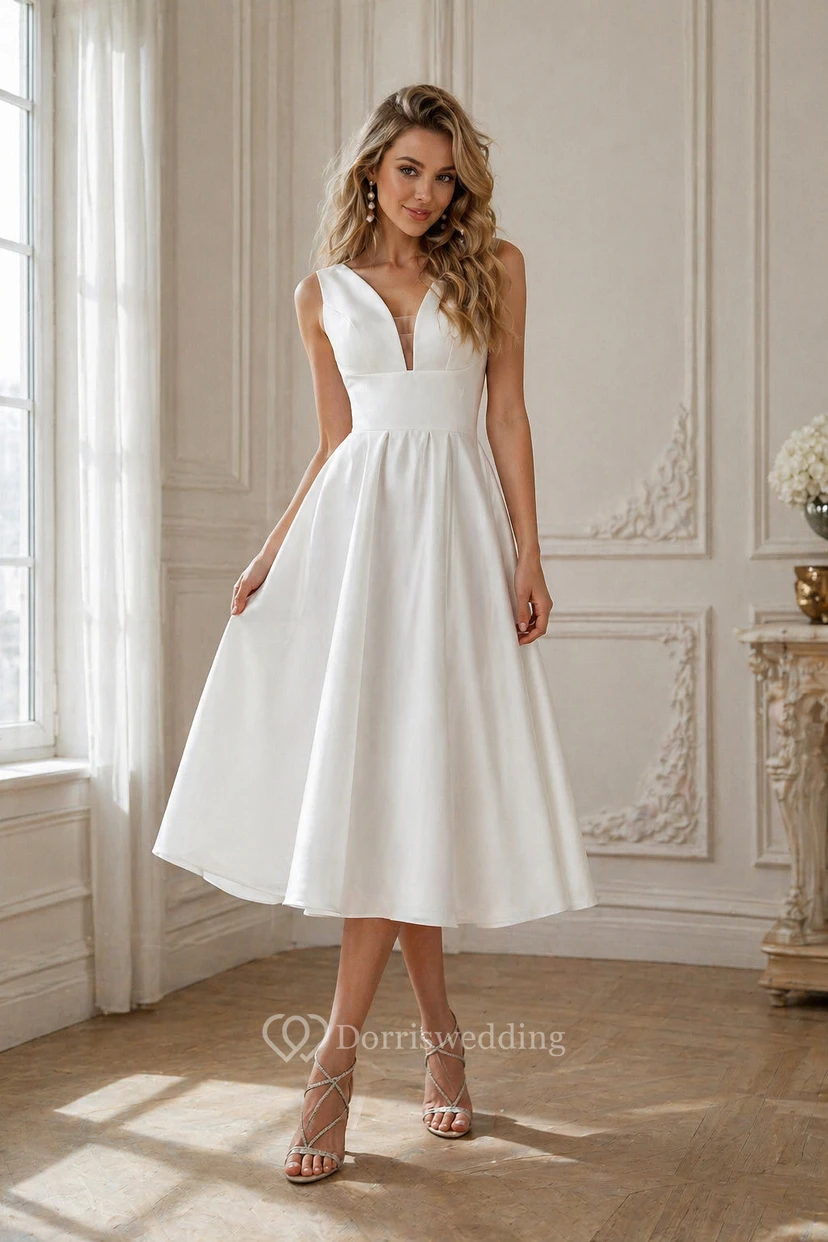 Simple Satin Empire A-line Tea-length Wedding Dress