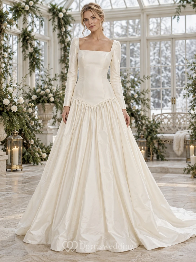 Vestido de novia de tafetán con escote cuadrado, manga larga y cintura baja