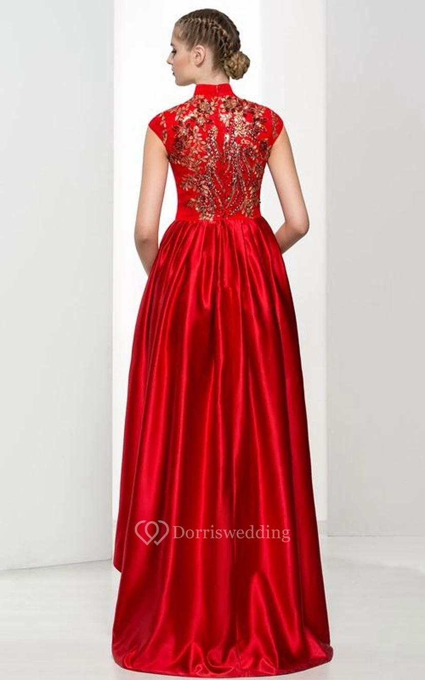 High Neck Cap Sleeves Appliques Beading Asymmetry Prom Dress view 2