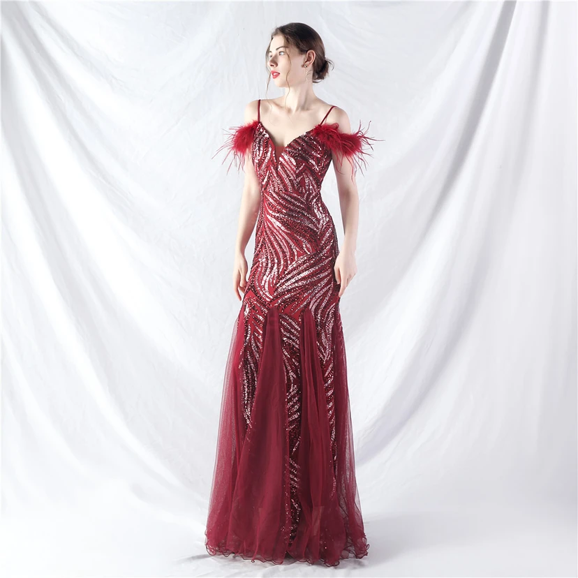 Crafted Ostrich Feather Stacked Sequins Splicing Mesh Gauze High-End Evening Dress Clothes view 3