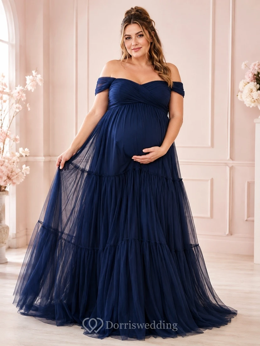 Dark Navy Plus Size Maternity Off-the-Shoulder Tulle Tiered A-Line Dress