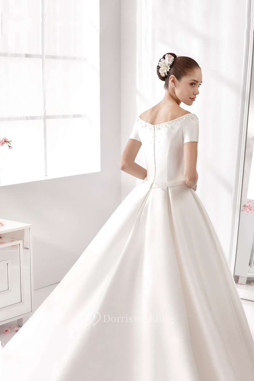 Off-Shoulder A-Line Satin Wedding Dress With Beaded Details And Little Bow Sash view 2