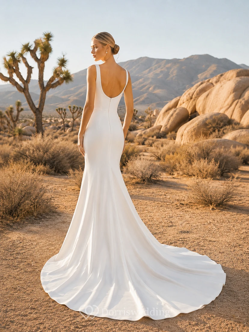 Robe de mariée sirène en satin à col carré et bretelles larges, traîne chapelle, style désertique view 2