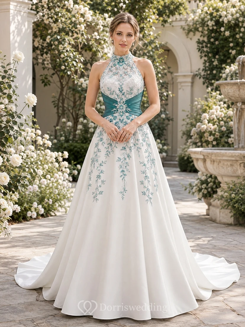 Türkisfarbenes, besticktes, halterloses Satin-Brautkleid in A-Linie mit Kapellenschleppe – schlichtes Brautkleid