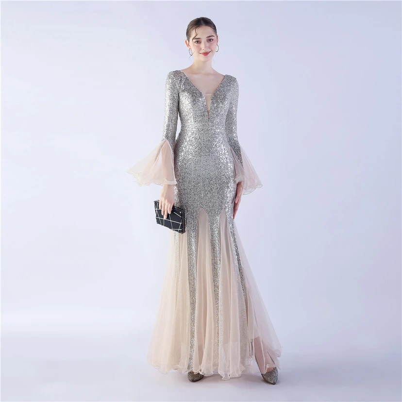 Vestido de noche con lentejuelas, bordado de malla encriptada, estilo artesanal de seda de pez y borde ondulado. view 5