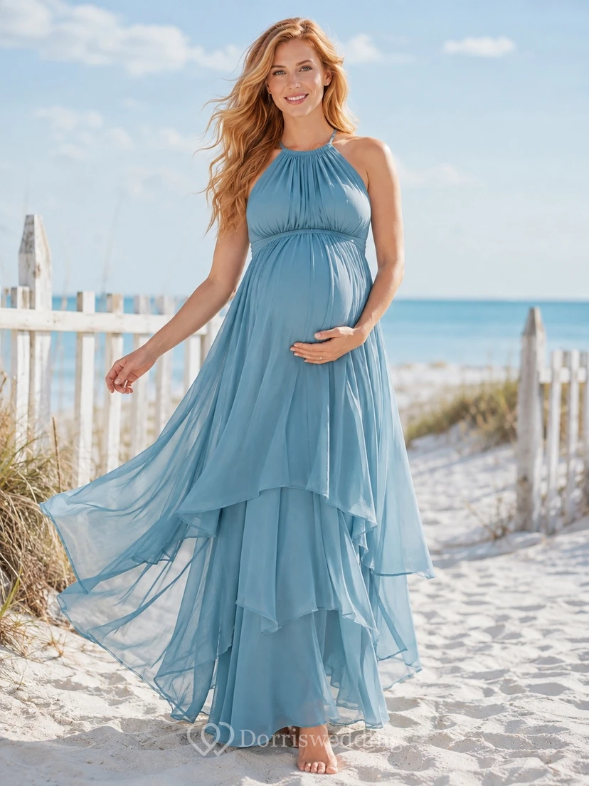 Ocean Blue Halter Sleeveless Tiered Maternity Chiffon Maxi Dress