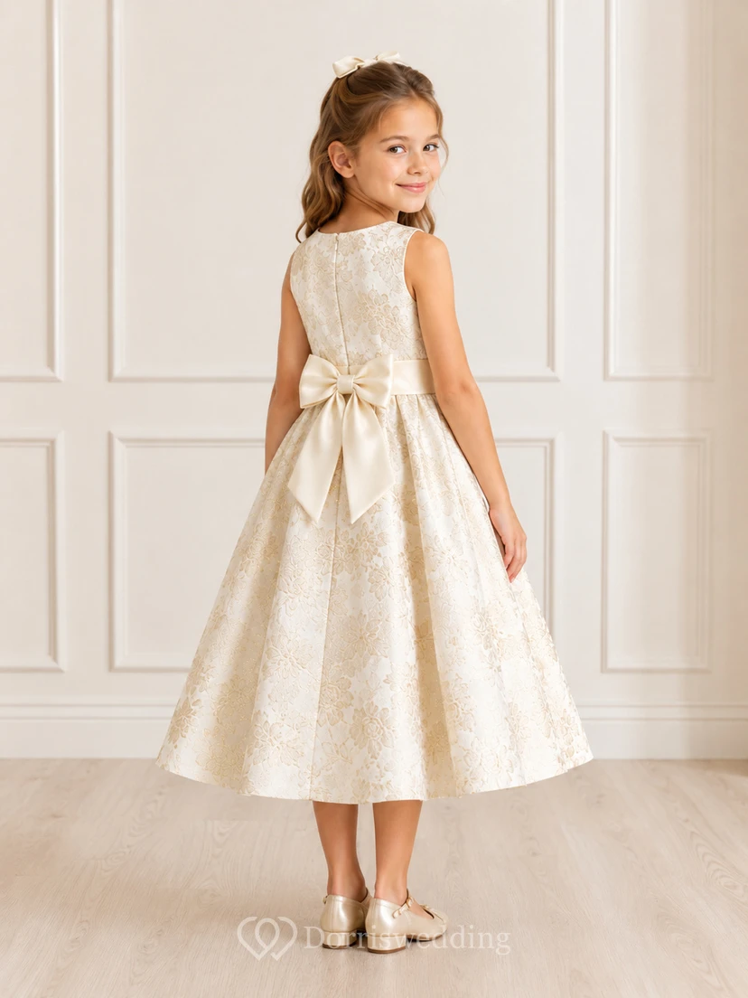 Robe de demoiselle d'honneur en brocart champagne à fleurs, col rond, sans manches, taille nouée, longueur thé, coupe trapèze, col rond, sans manches, taille haute view 2