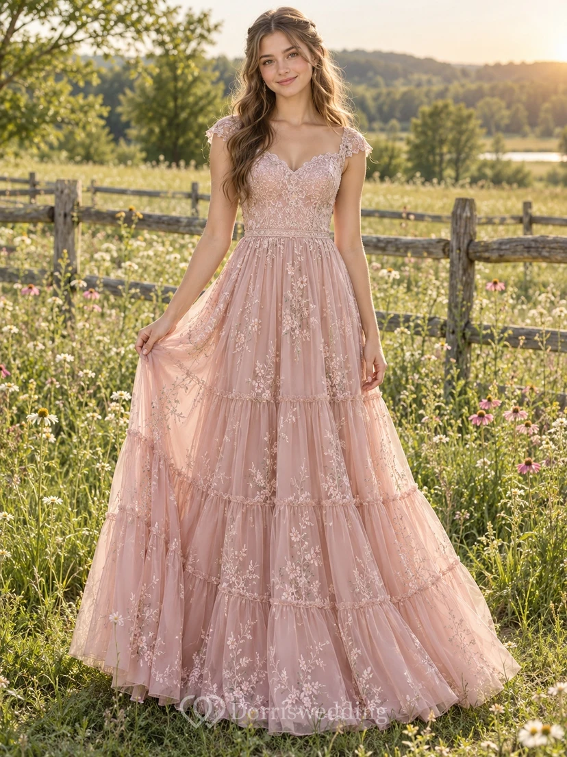 Country Dusty Rose Sweetheart Cap Sleeve Lace Tiered Sweet Sixteen Gown
