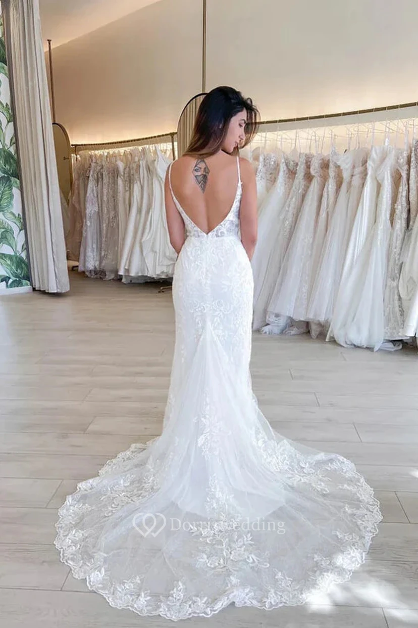 Robe de mariée sirène sexy en dentelle spaghetti avec traîne en tulle view 2