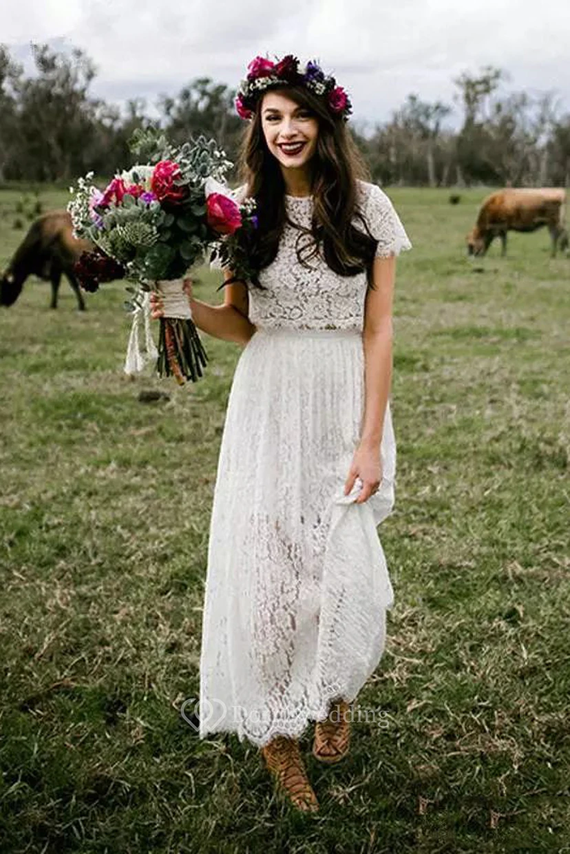 Jewel T-shirt Short Sleeve Ankle-length Lace A-Line Sheath Wedding Dress