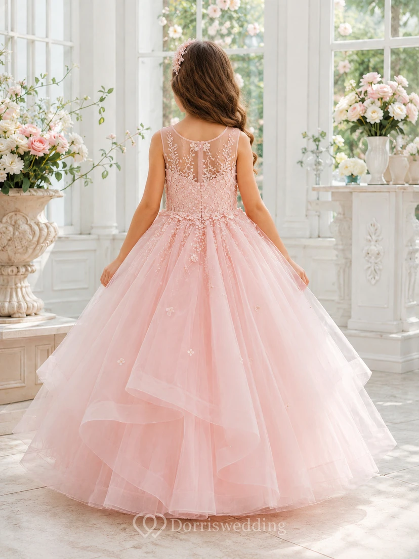 Full Tulle Ball Gown Flower Girl Dress with Short Sleeves, Jewel Neck and Floor-Length Skirt view 2