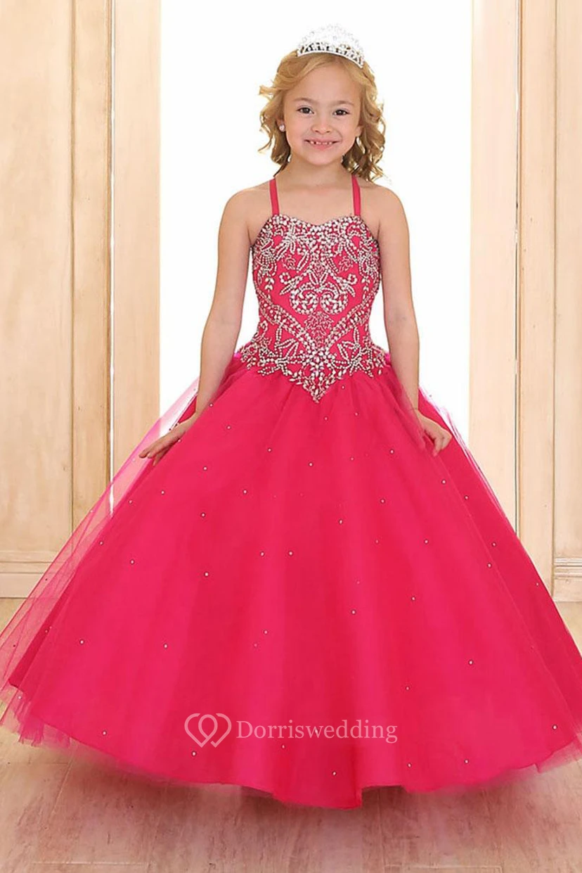 Tiered Beaded Tulle&Lace Flower Girl Dress With Corset Back view 2