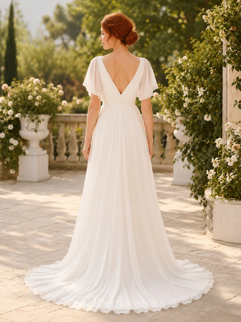 Vestido de novia de tul y gasa para la playa, corte en A, escote en V, mangas con volantes, largo hasta el suelo. view 2