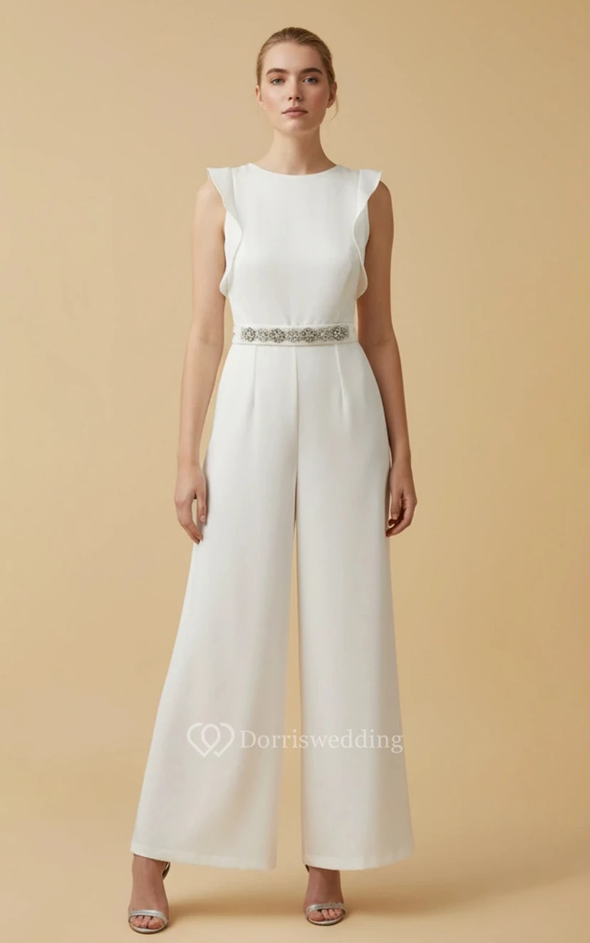Combinaison de mariage sans manches à volants et jambes larges avec ceinture