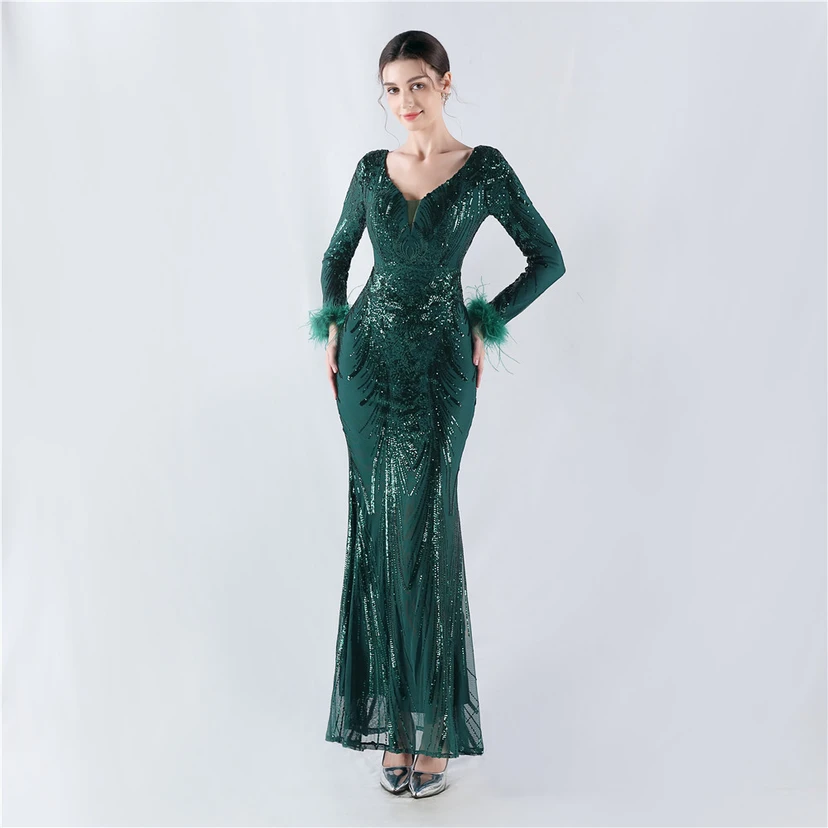 Robe de soirée haut de gamme ornée de perles florales fixes et de poils d'autruche, hôte de la réunion annuelle d'hiver view 46