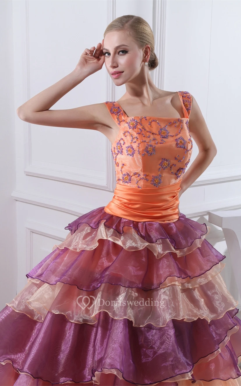 Mute-Color Square-Neck Tiers and Ball-Gown With Appliques view 2