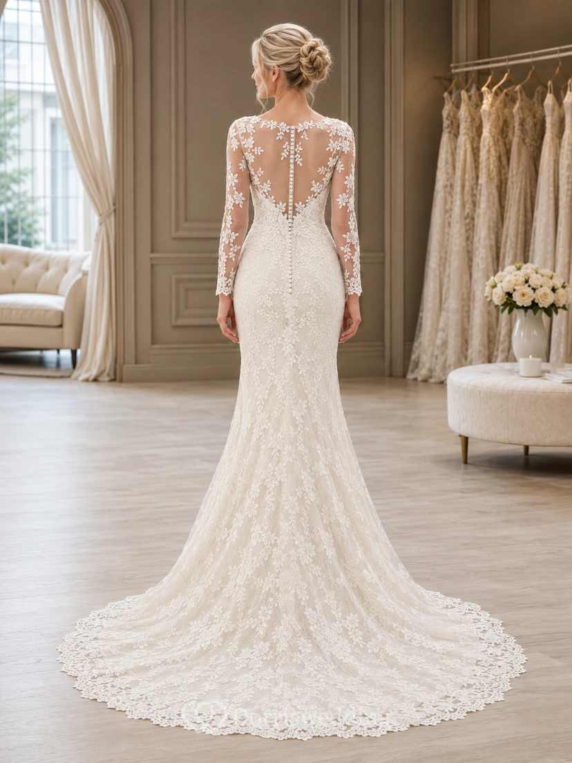 Robe de mariée sirène à manches longues transparentes, col bateau et dentelle florale polie, dos boutonné, ornée de boutons. view 2