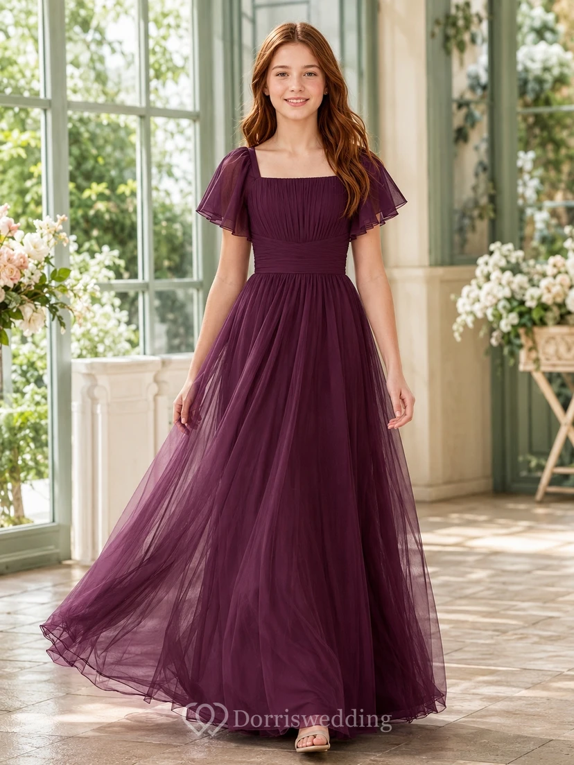 Pflaumenfarbenes Brautjungfernkleid, A-Linie, eckig, kurze Ärmel, Tüll, gestuft, romantisch, formell