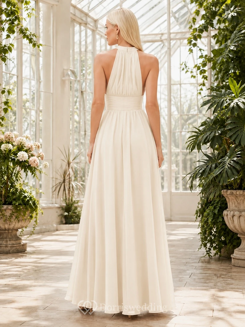Cream Chiffon Halter Pleated Sleeveless Floor-Length A-Line Evening Dress view 2