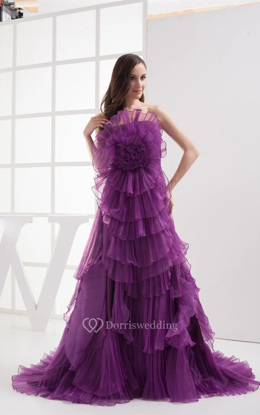 Floral A-Line Ruched Sweep Train and Gown With Tiers view 4