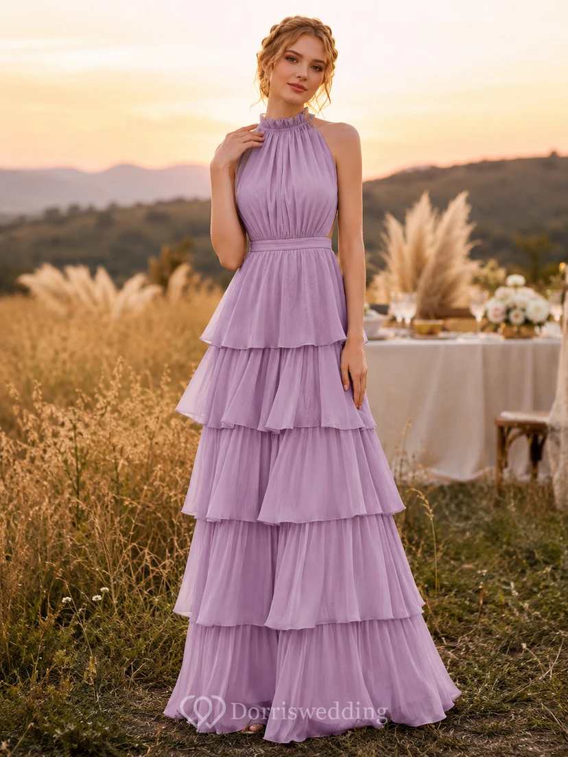 Lilac High Halter Tiered Chiffon Floor Length Guest Dress
