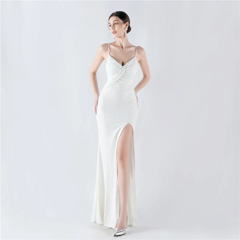 Robe de soirée sexy à sequins et fente haute, avec bretelles et encoche cryptée view 65
