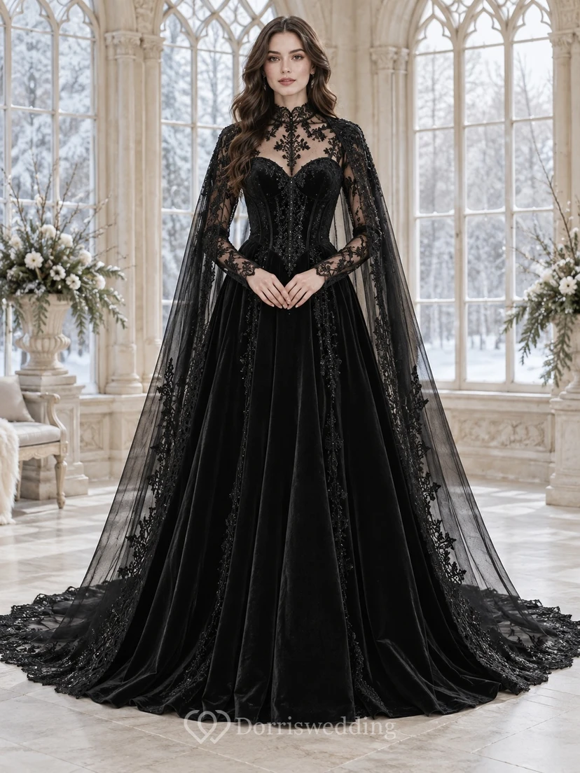 Vestido de novia gótico de invierno negro de cuello alto, manga larga, encaje y terciopelo con capa