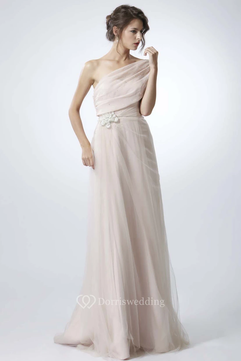 Jeweled One-Shoulder Sleeveless Tulle Prom Dress