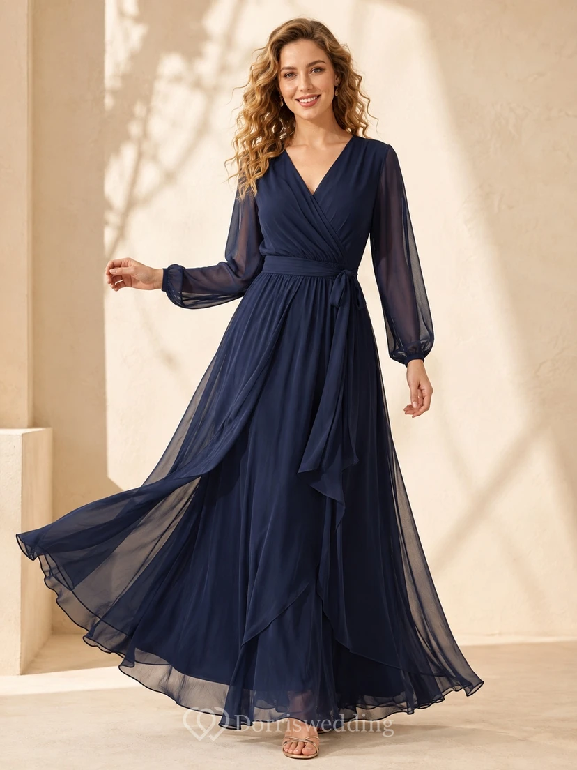 Elegant Dark Navy V-Neck Long Sleeve Chiffon A-Line Floor-Length Wrap Dress