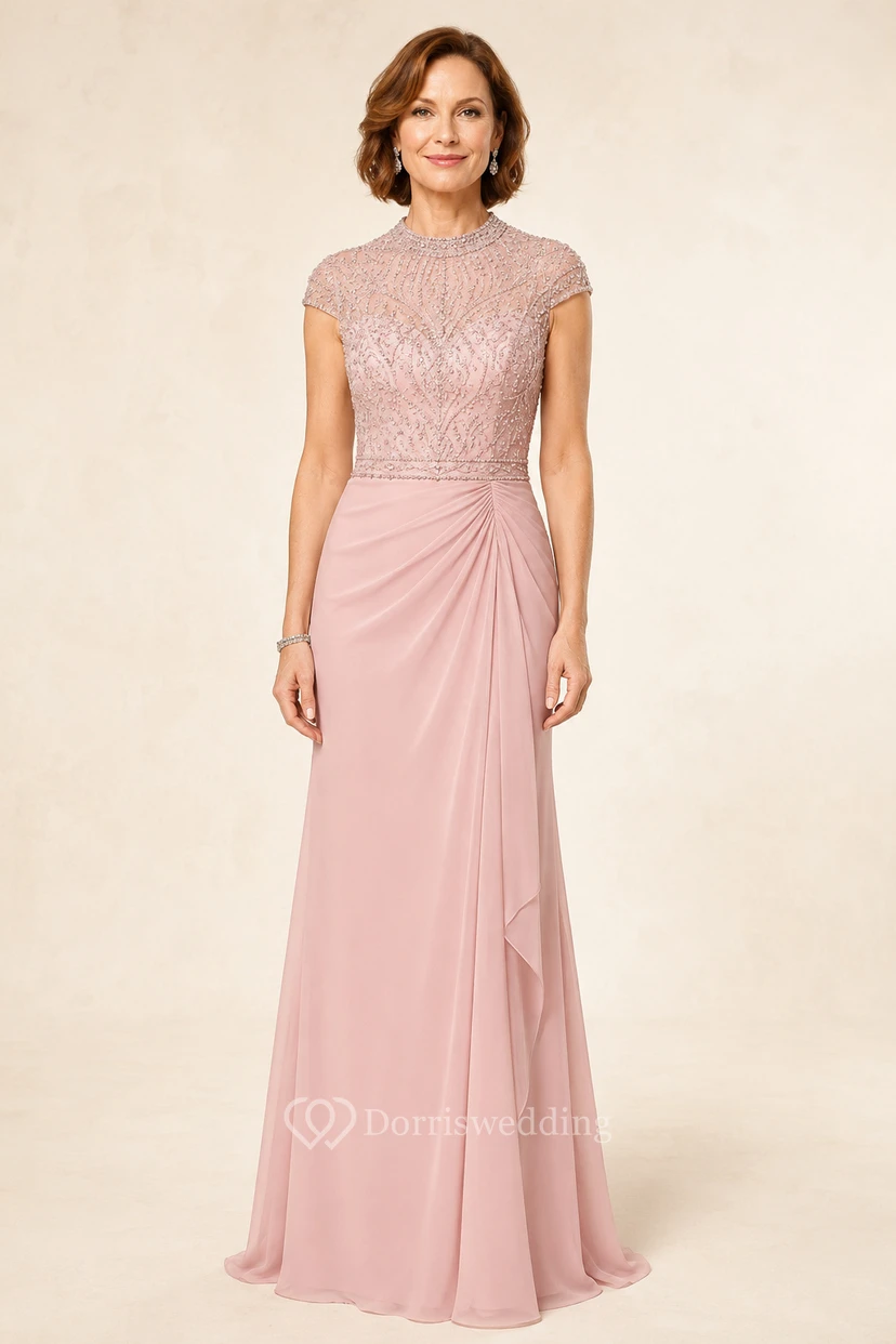 Blush Lace Bodice Sheath Mother Dress with Draped Skirt