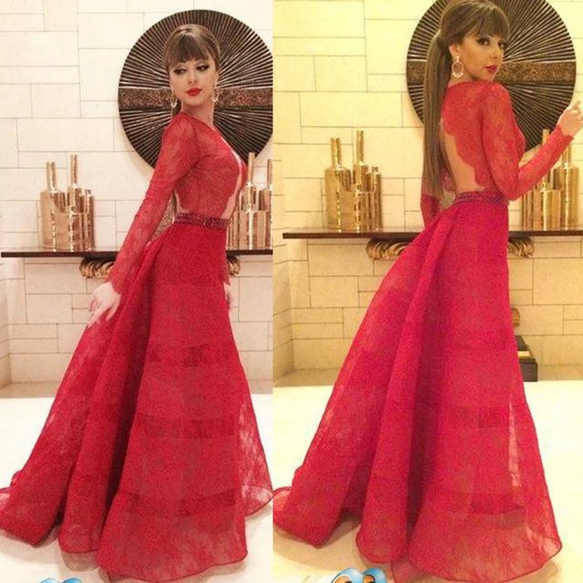 Modern Red Lace Long Sleeve Evening Dress A-line Sweep Train view 2
