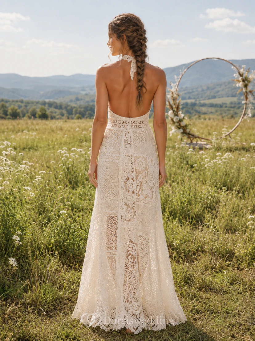 Halter Keyhole Crochet Lace Sheath Boho Wedding Dress view 2