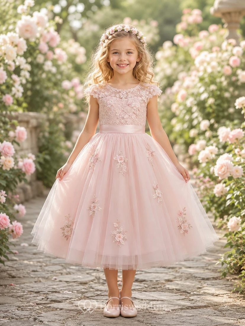 Blumenmädchenkleid aus rosafarbener Spitze und Tüll, A-Linie, kurze Ärmel, Rundhalsausschnitt, Teelänge, Applikationen