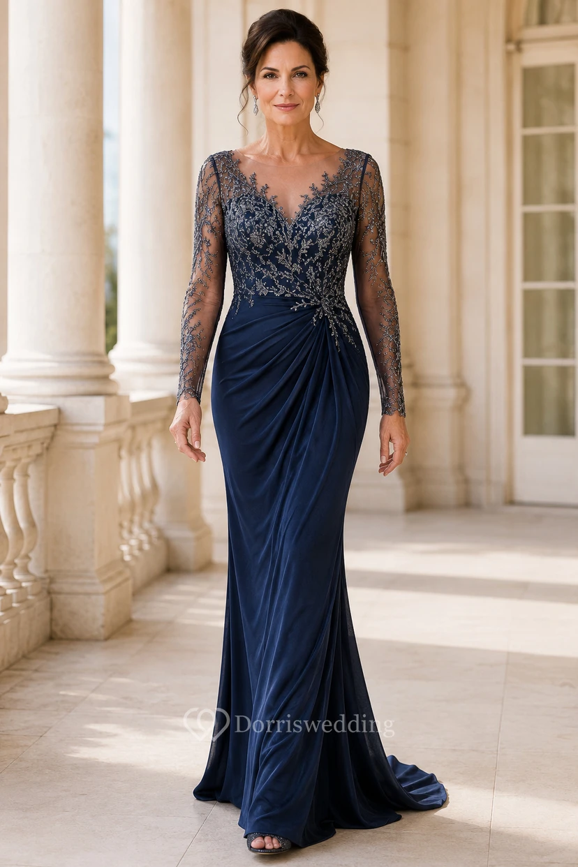 Vestido de sirena azul marino con encaje ilusión y mangas largas para madres.
