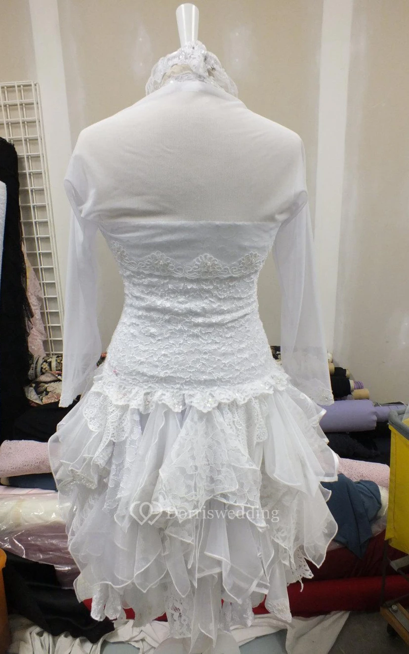 Robe courte trapèze bustier en dentelle à volants et veste assortie view 4