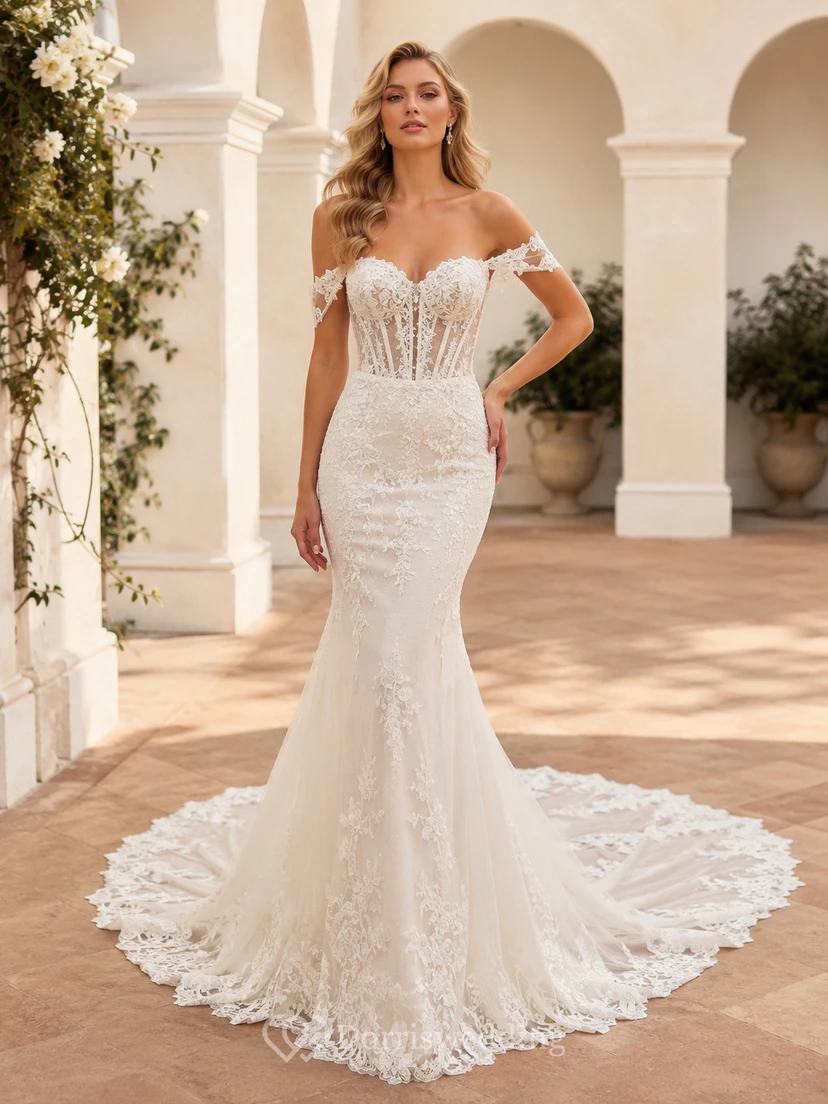 Robe de mariée sirène en dentelle florale à épaules dénudées et décolleté cœur, boutons illusion et traîne chapelle